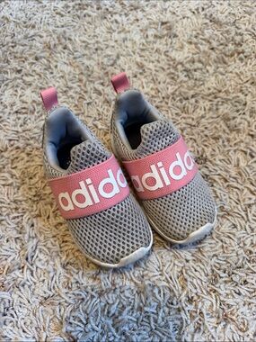 adidas Kids Gray Mesh Slip-On Sneakers with Pink Logo Strap